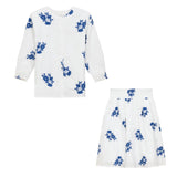 Flower Embroidered Smocked Top and Skirt Two Piece Set