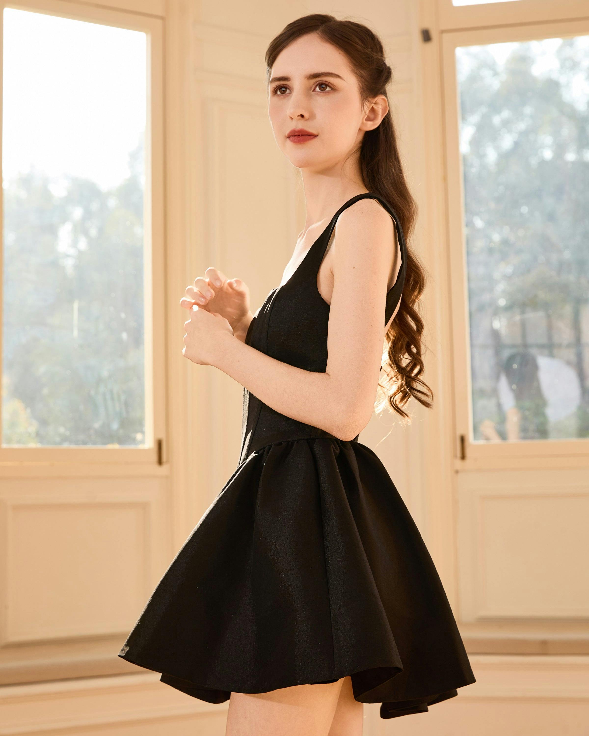 Black Andria Square-Neck Flared Dress