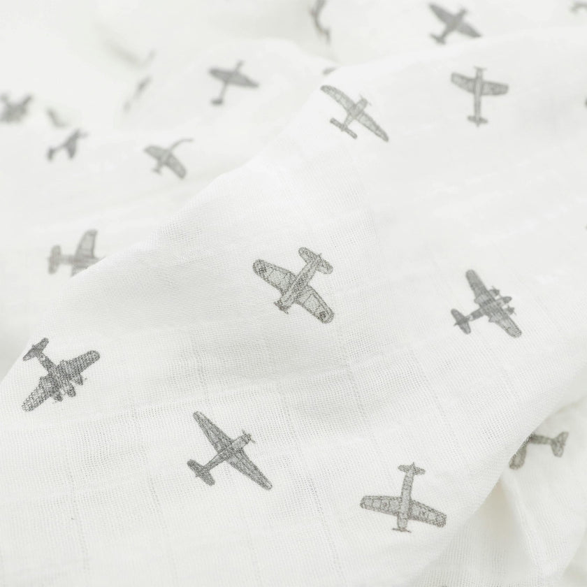 Organic Cotton Muslin Swaddle Blanket - Pewter Planes