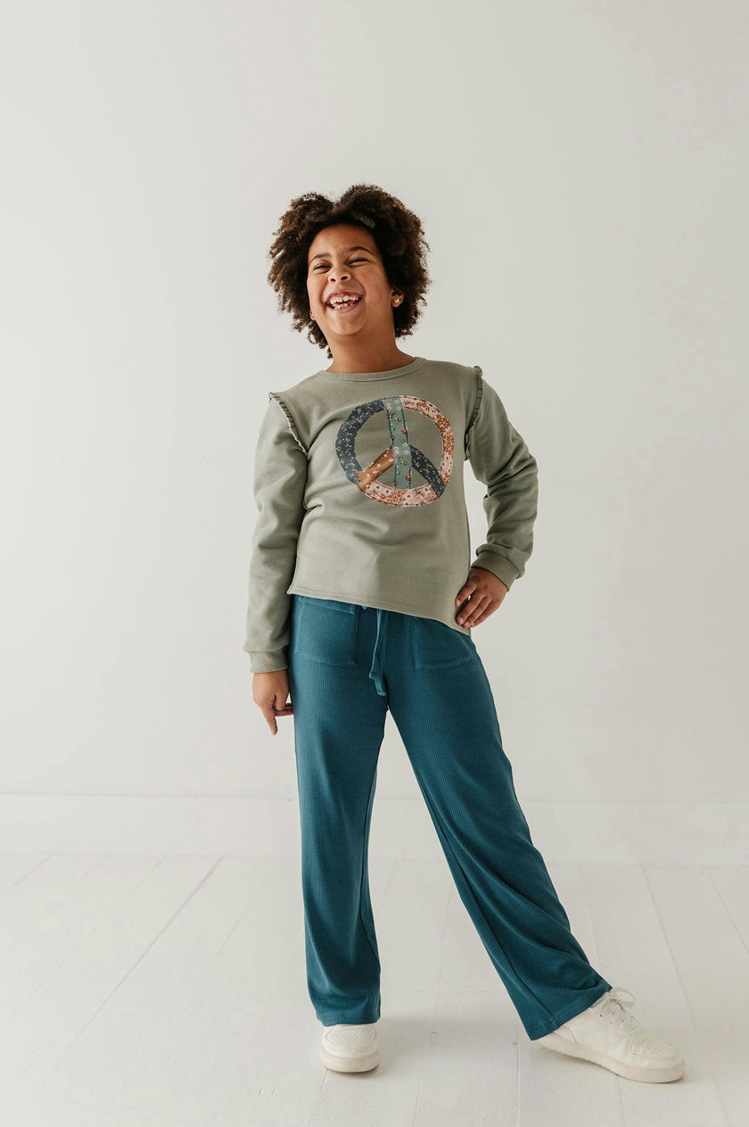 Girls Raw Edge Sweatshirt in Patchwork Peace Sign