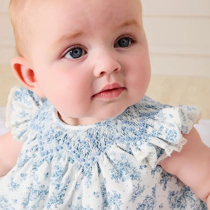 Audrey Toile Capped Sleeve Hand Smocked Dress with Bloomers in Blue (3-12mths)