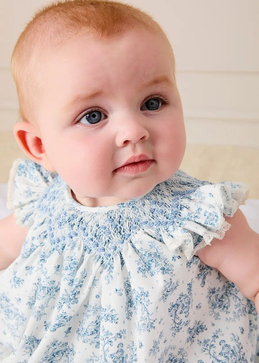 Audrey Toile Capped Sleeve Hand Smocked Dress with Bloomers in Blue (3-12mths)