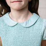 Organic Puff Sleeve Smocked Party Dress with Peter Pan Collar, Blue