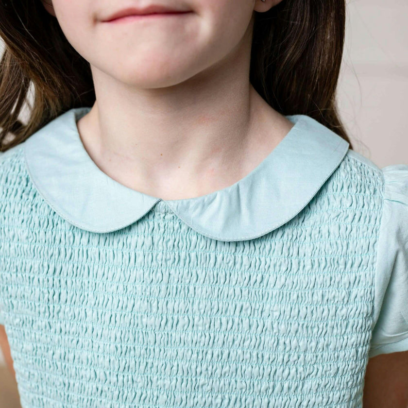 Organic Puff Sleeve Smocked Party Dress with Peter Pan Collar, Blue