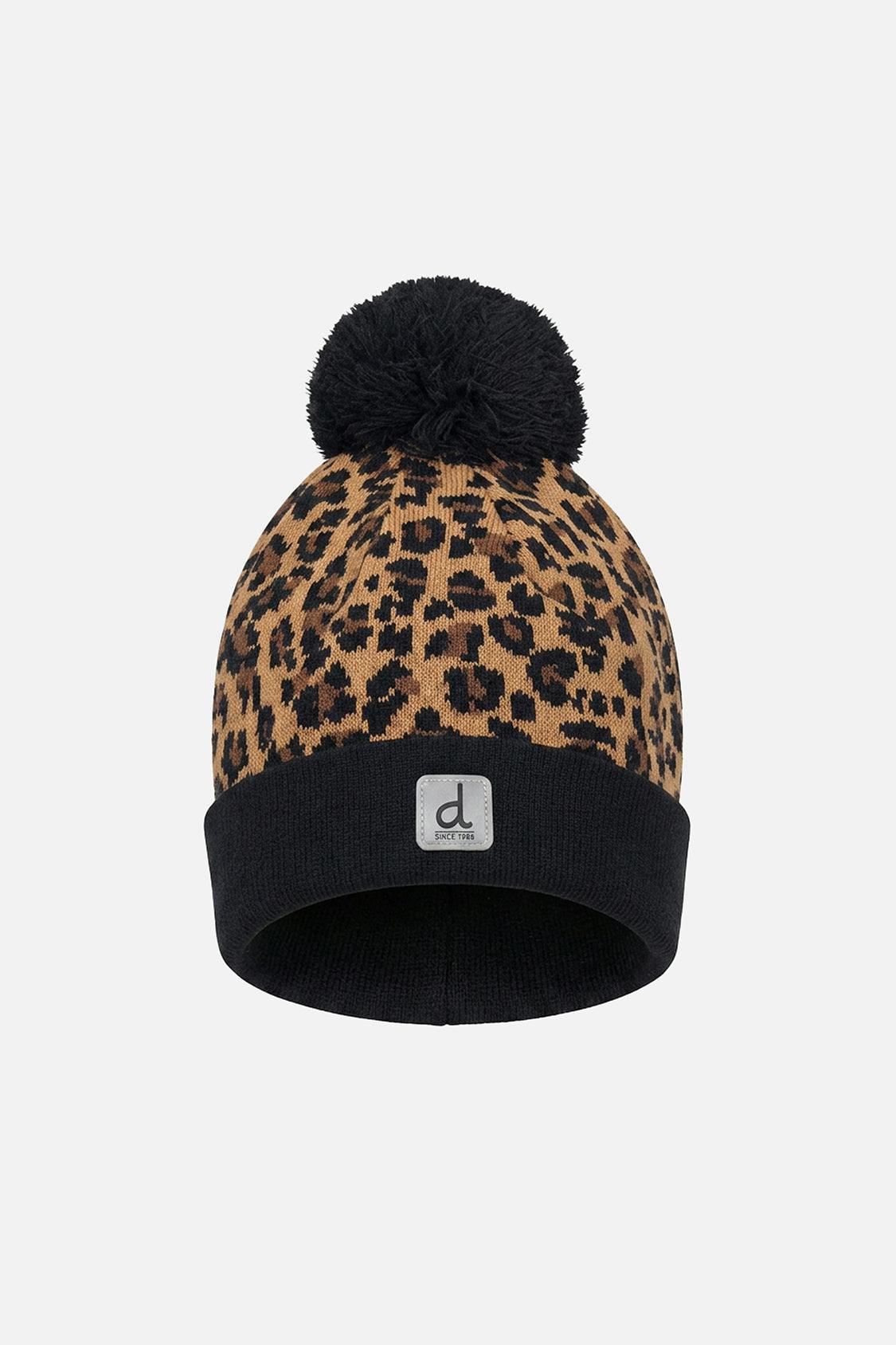 Winter Knit Hat With Pompom Brown Leopard Print