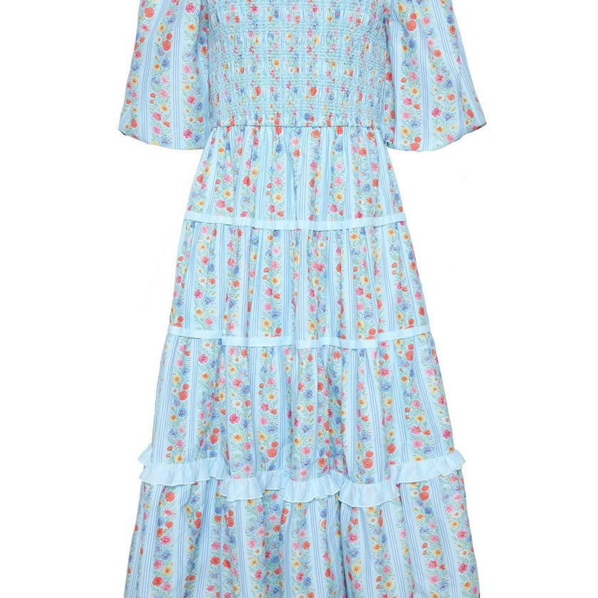 Roselyn Dress in Blue Linear Floral Print