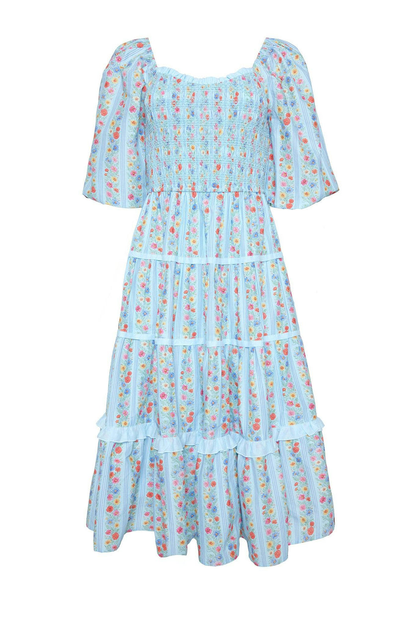 Roselyn Dress in Blue Linear Floral Print