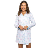 Women's Tennis Bows Night Shirt - Blue Pink Organic Cotton Poplin