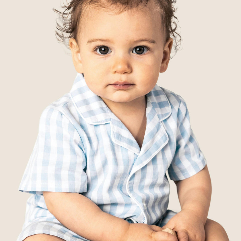 Baby's Twill Summer Romper in Light Blue Gingham