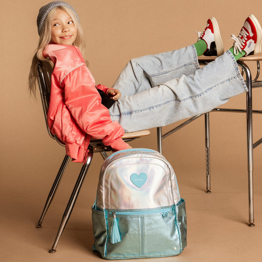 Kane Double Pocket Backpack, Metallic Blue Iridescent
