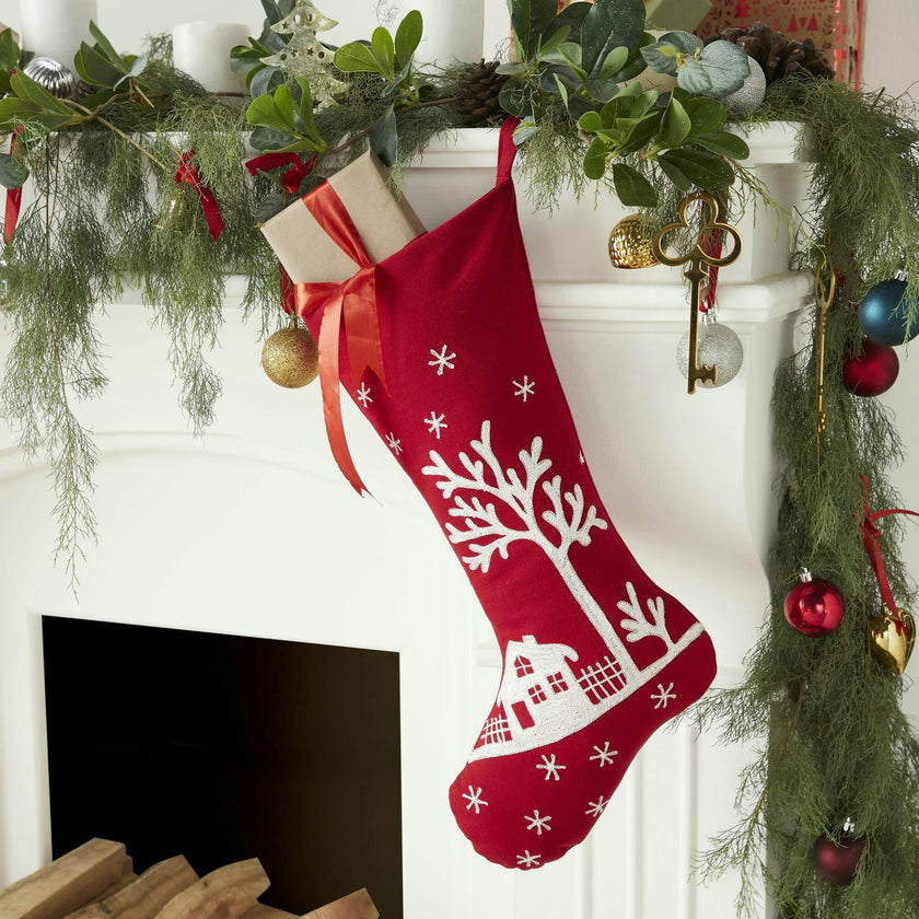 Snowy Village Embroidered Scene Red Handmade Christmas Stocking