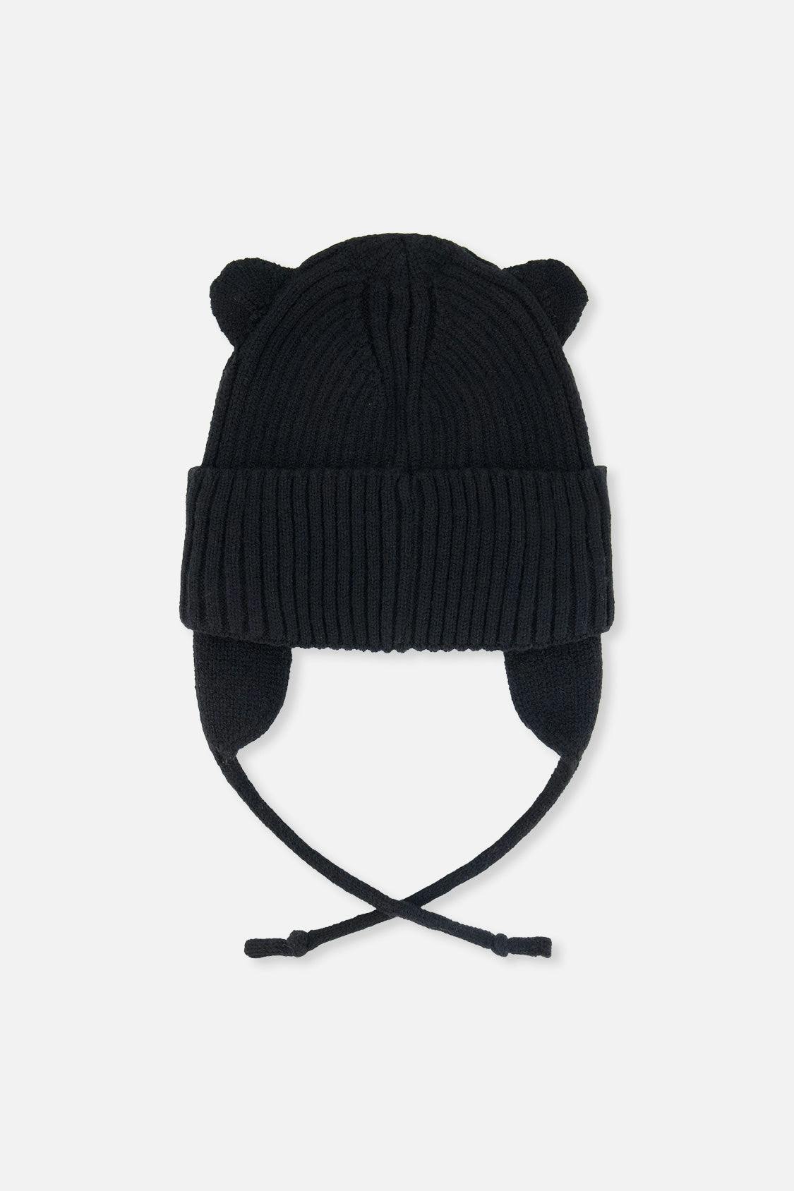 Baby Knit Hat With Strings Black