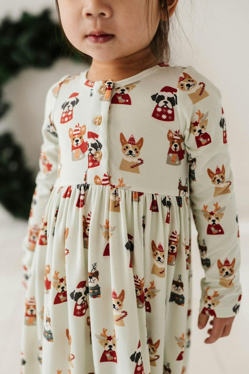 Long Sleeve Henley Dress Christmas Dogs