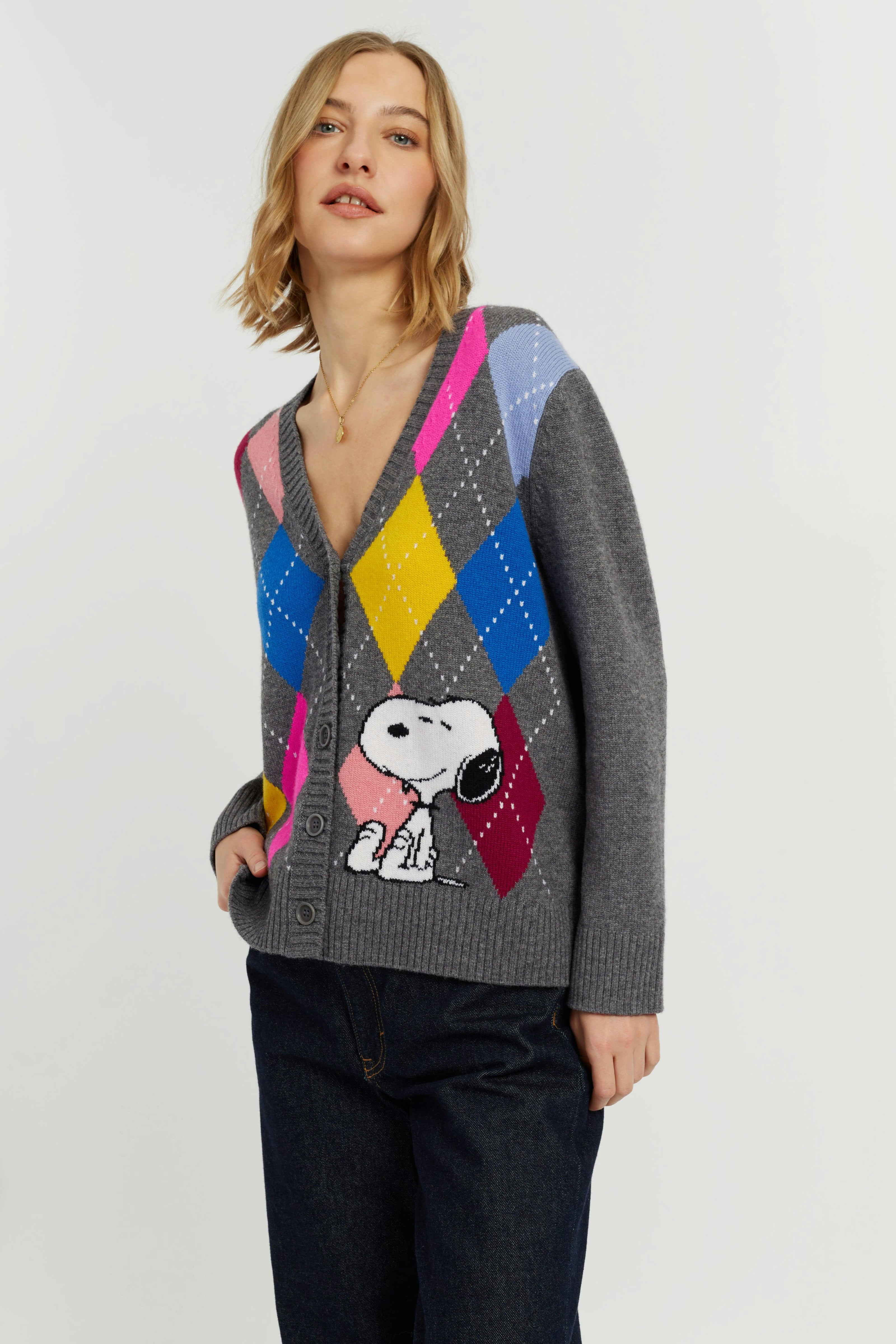 Wool-Cashmere Snoopy Argyle Cardigan