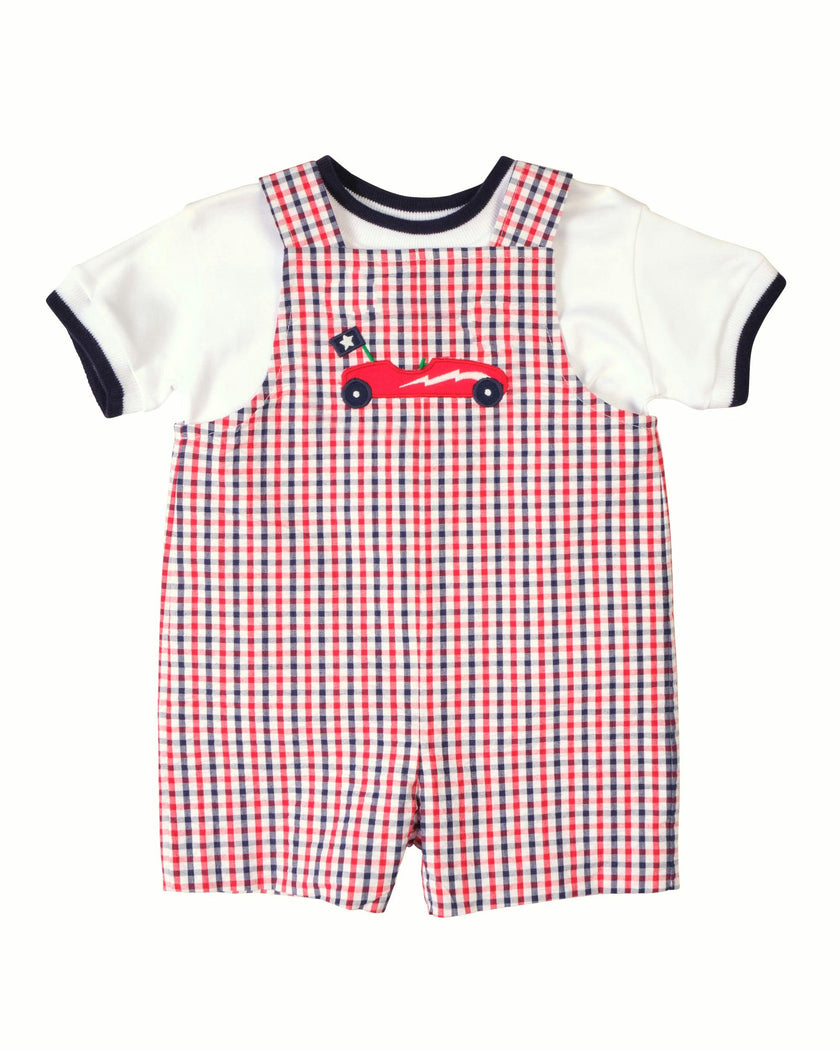 Plaid Seersucker Shortall With Derby Car