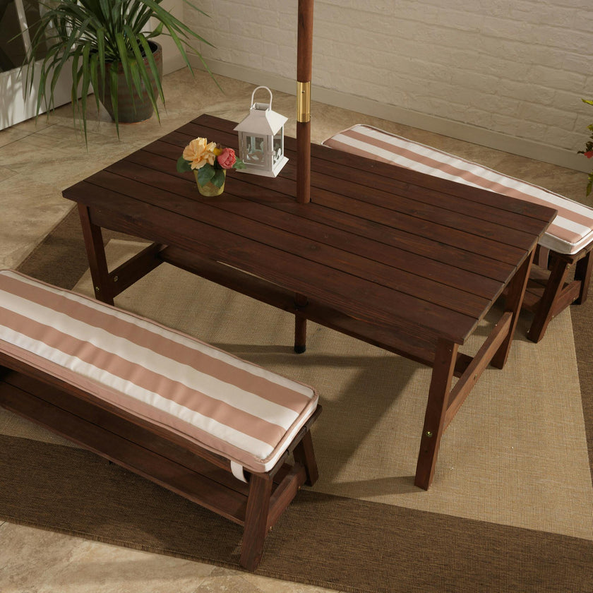 Outdoor Wooden Table & Bench with Cushions and Umbrella
