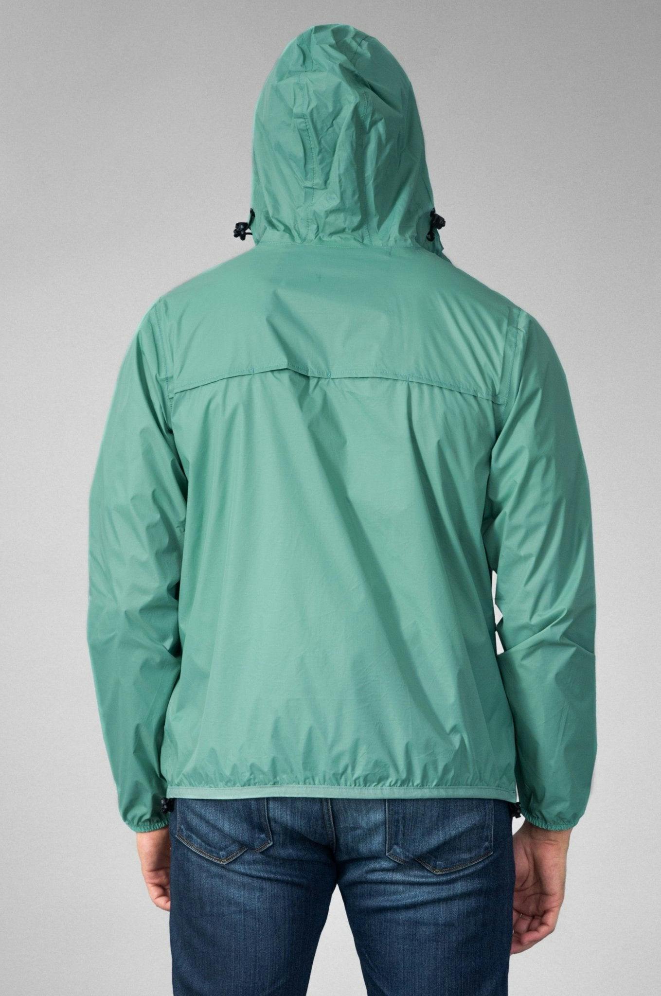 Moss green full zip packable Rain jacket and windbreaker