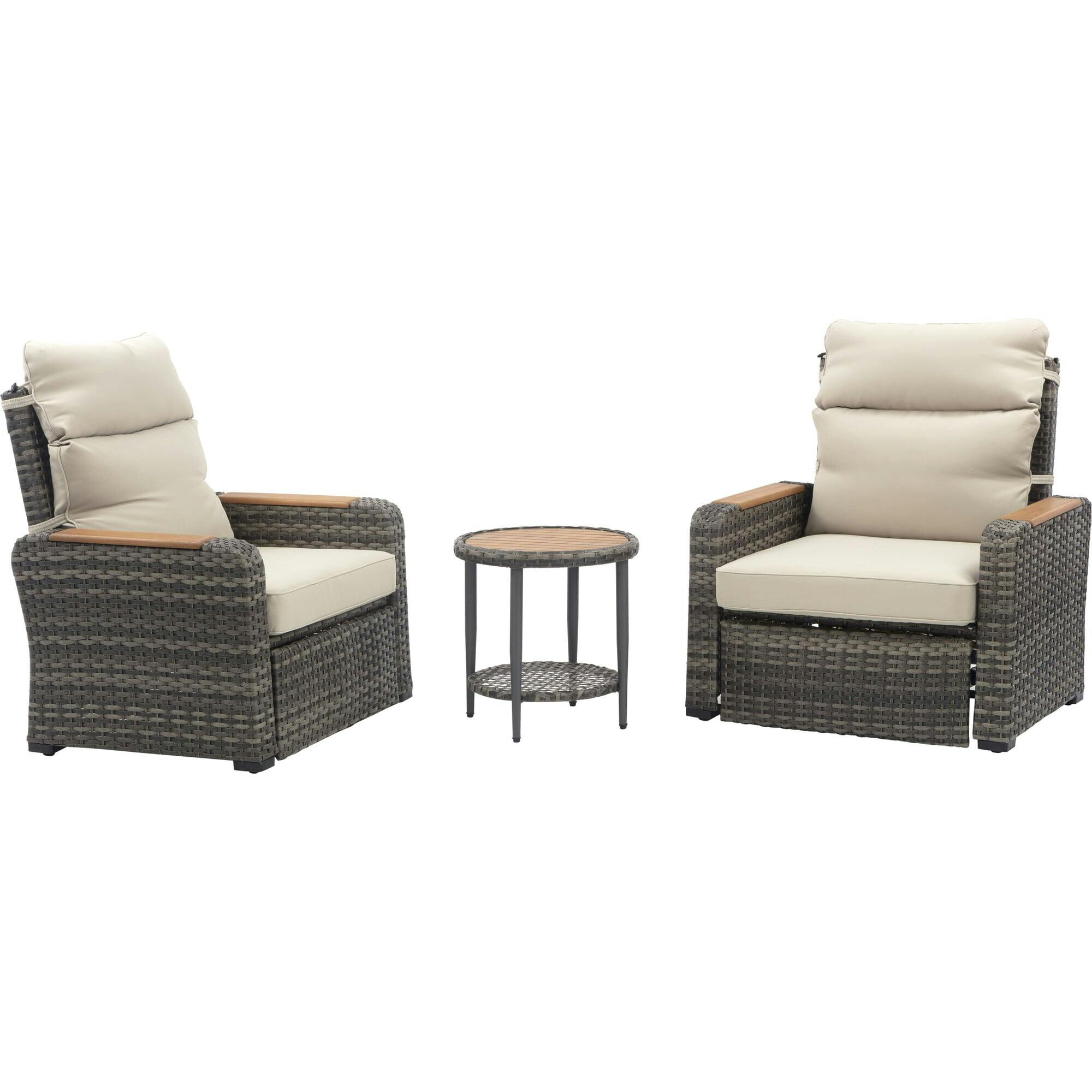 Teamson Home Outdoor Seating Wicker Frame & Wood Armrests Recliner Set in Gray