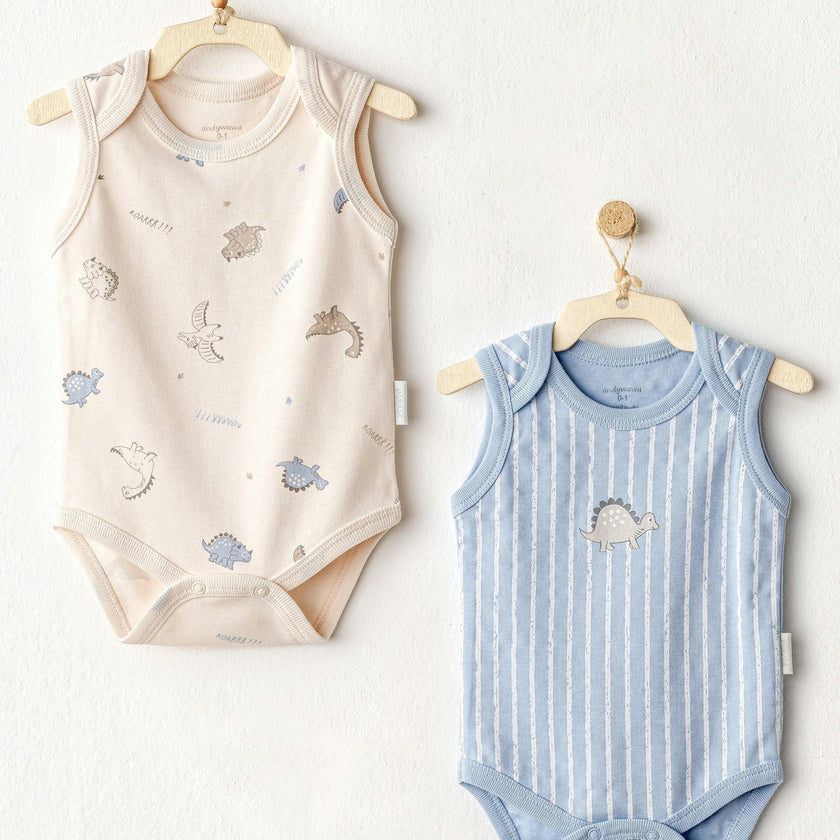 Beige and Blue Dino Bodysuits