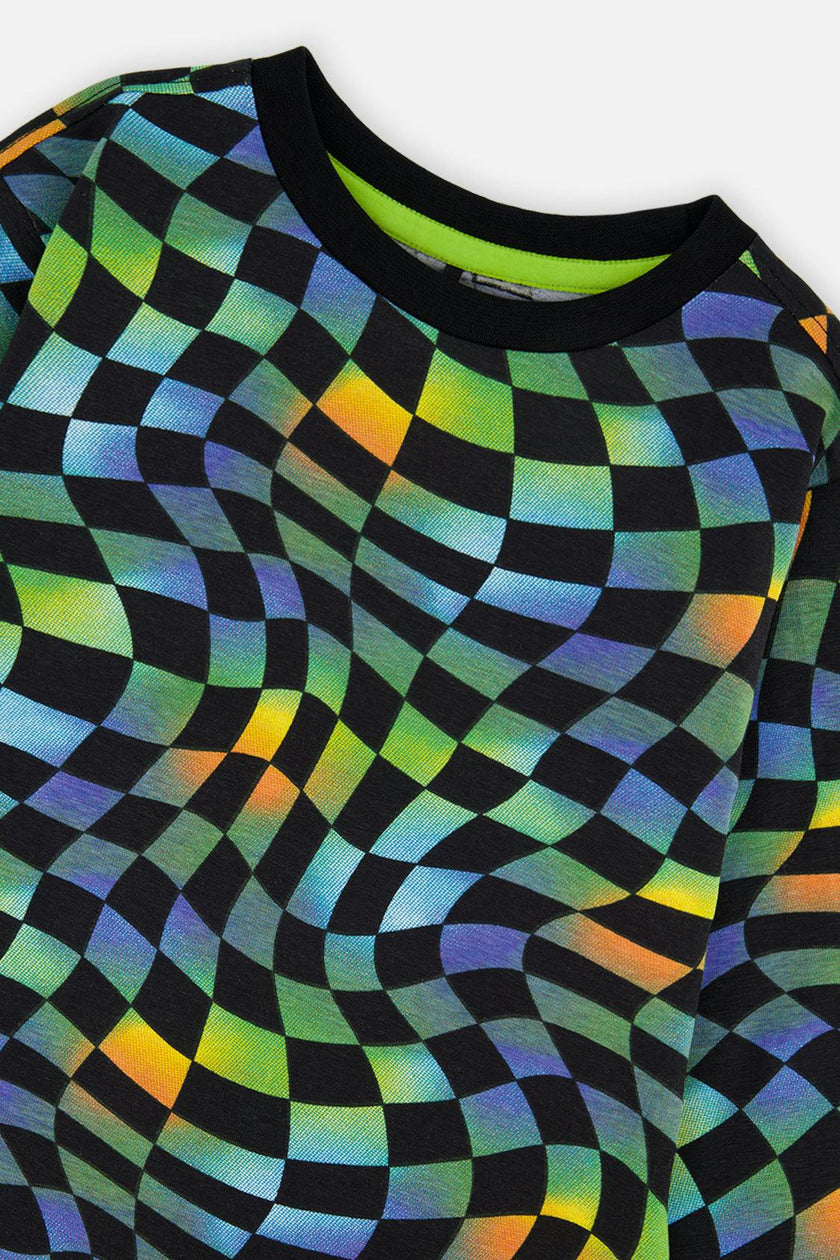 Organic Cotton Long Sleeve T-Shirt Blue Checkered Print