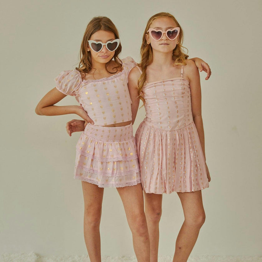 Gemma Pastel Pink With Pink Lace Heart Lurex Smocked Ruffle Mini Skirt