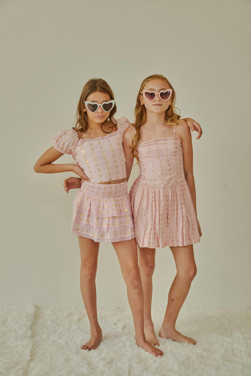 Gemma Pastel Pink With Pink Lace Heart Lurex Smocked Ruffle Mini Skirt