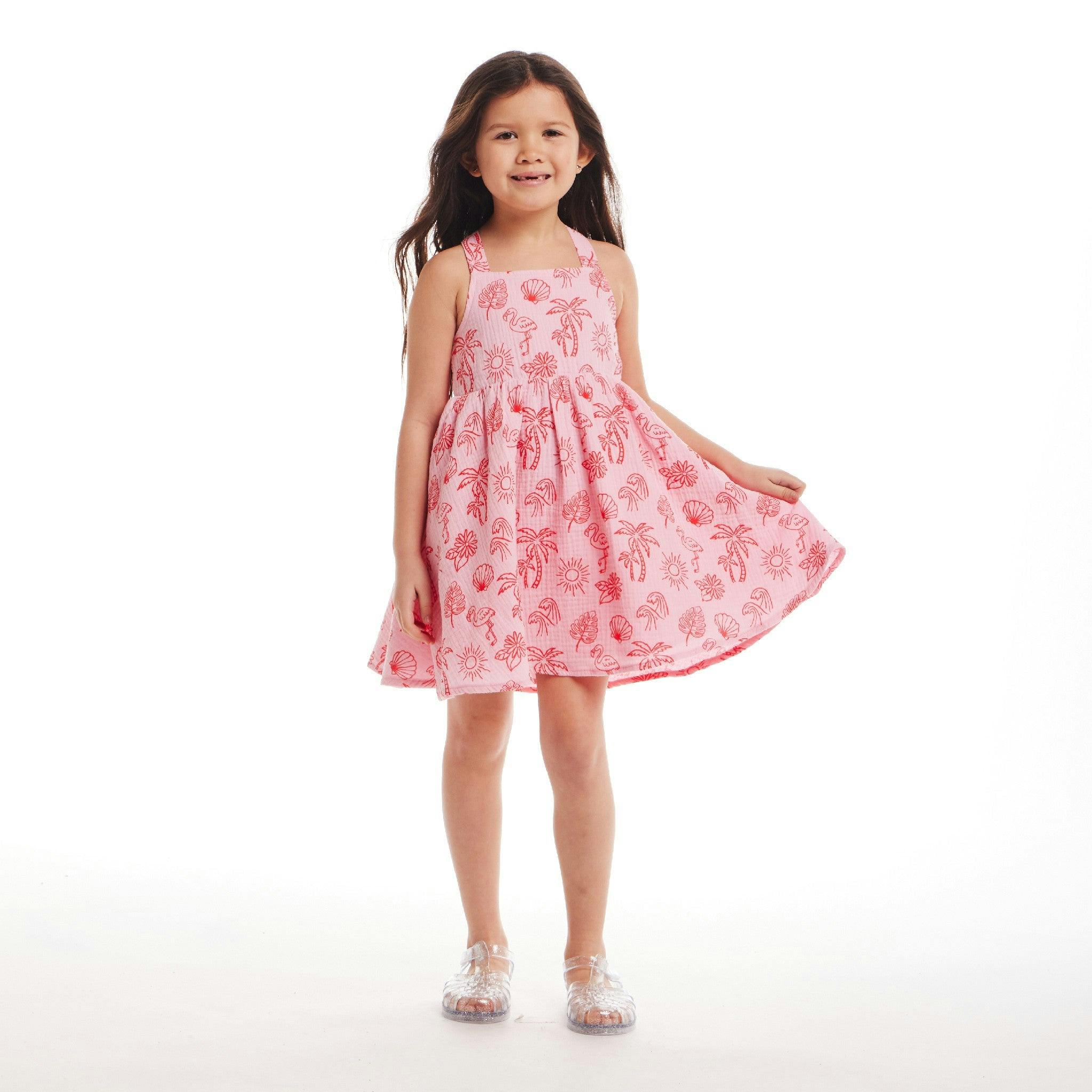 Kids Pink Tropical Icon Printed Gauze Dress