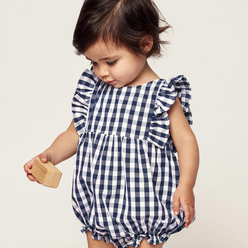 Baby's Twill Ruffled Romper in Navy Gingham