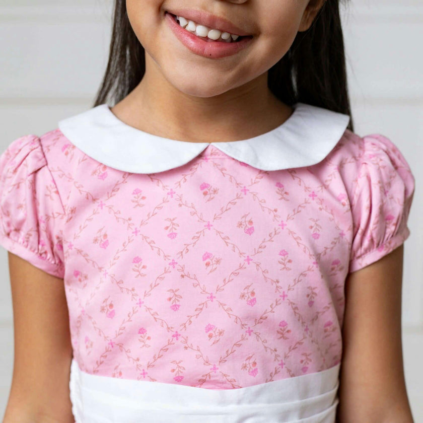 Organic Short Sleeve Sateen Dress with Peter Pan Collar, Pink