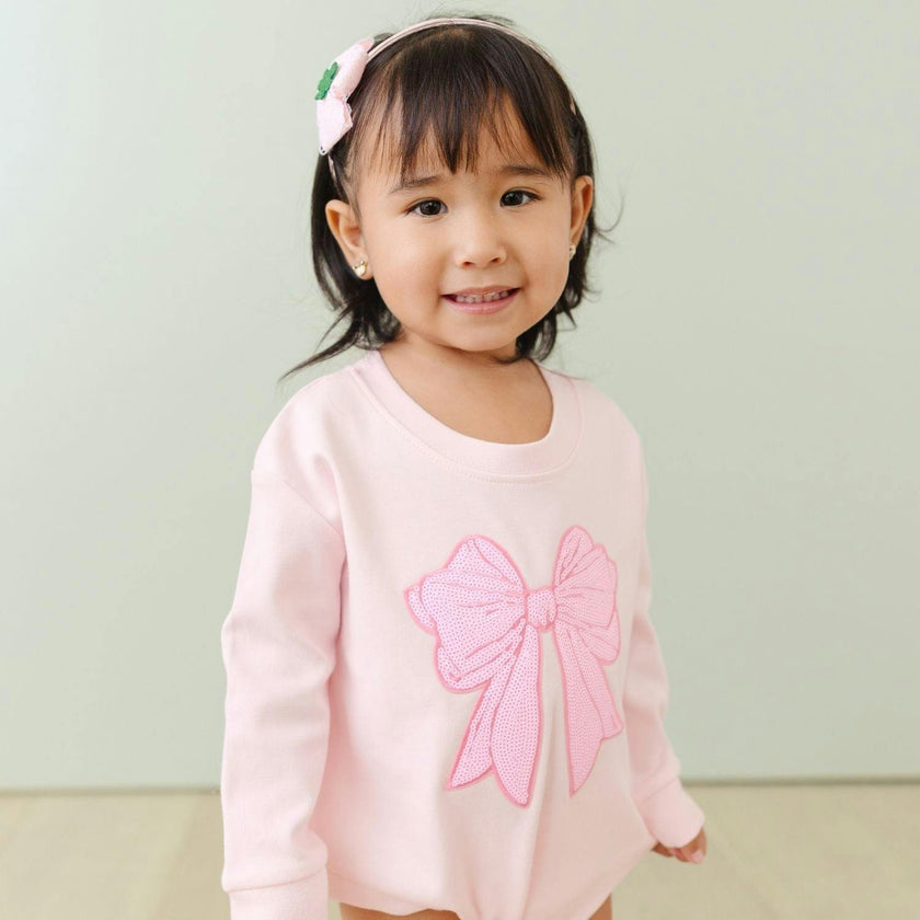 Pink Bow Sequin Patch Long Sleeve Romper