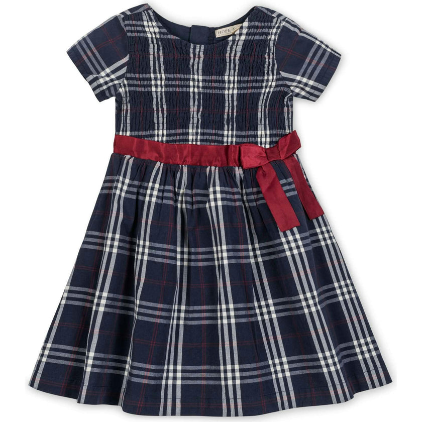 Organic Smocked Short Sleeve Poplin Dress, Blue