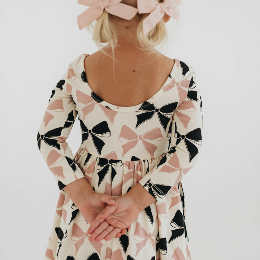 3/4 Sleeve Twirl Dress in Vintage Pink and Black Bows