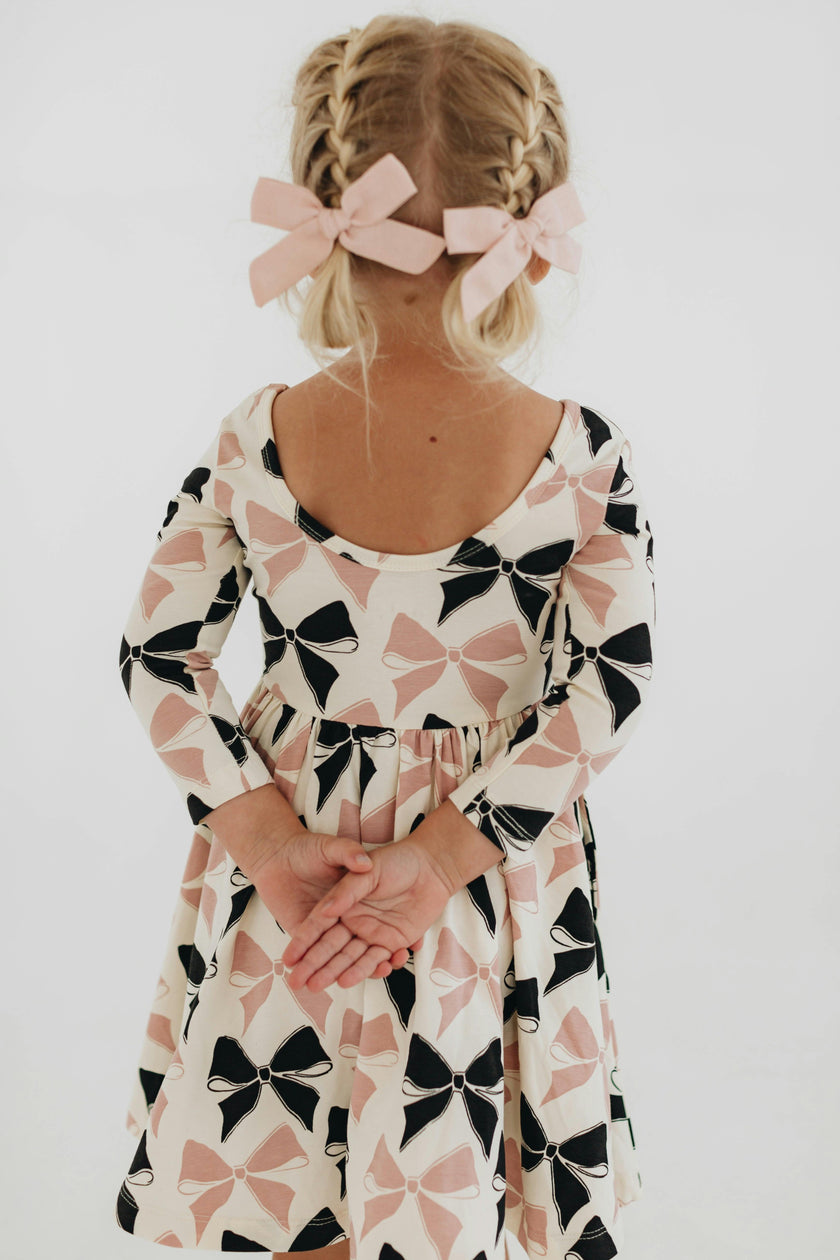 3/4 Sleeve Twirl Dress in Vintage Pink and Black Bows