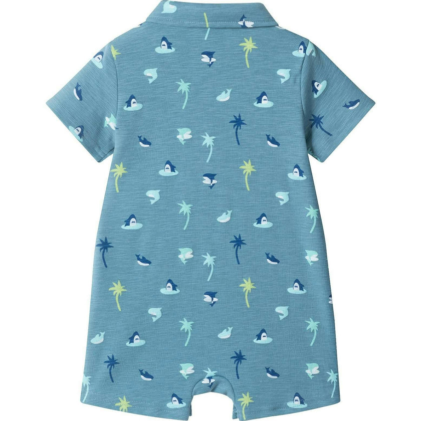 Infant Boys Blue Printed Baby Polo Romper | Blue Palm