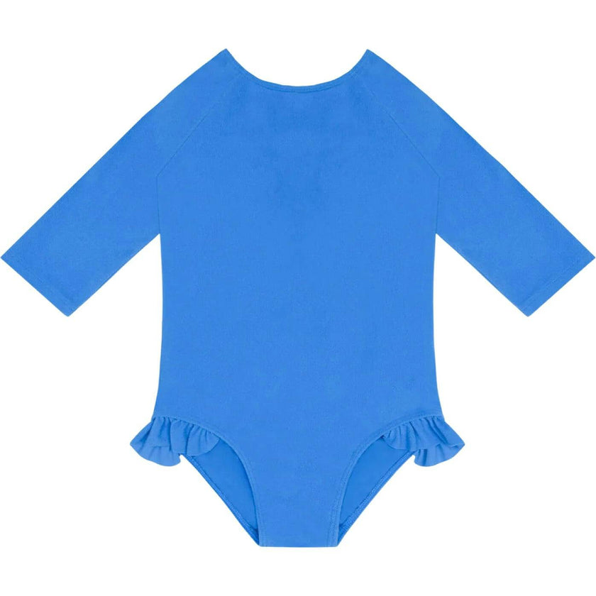 girls deep sea blue terry quarter sleeve rashguard one piece