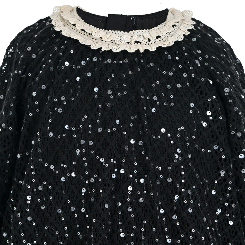 Black Sequin Lace-Trim Dress