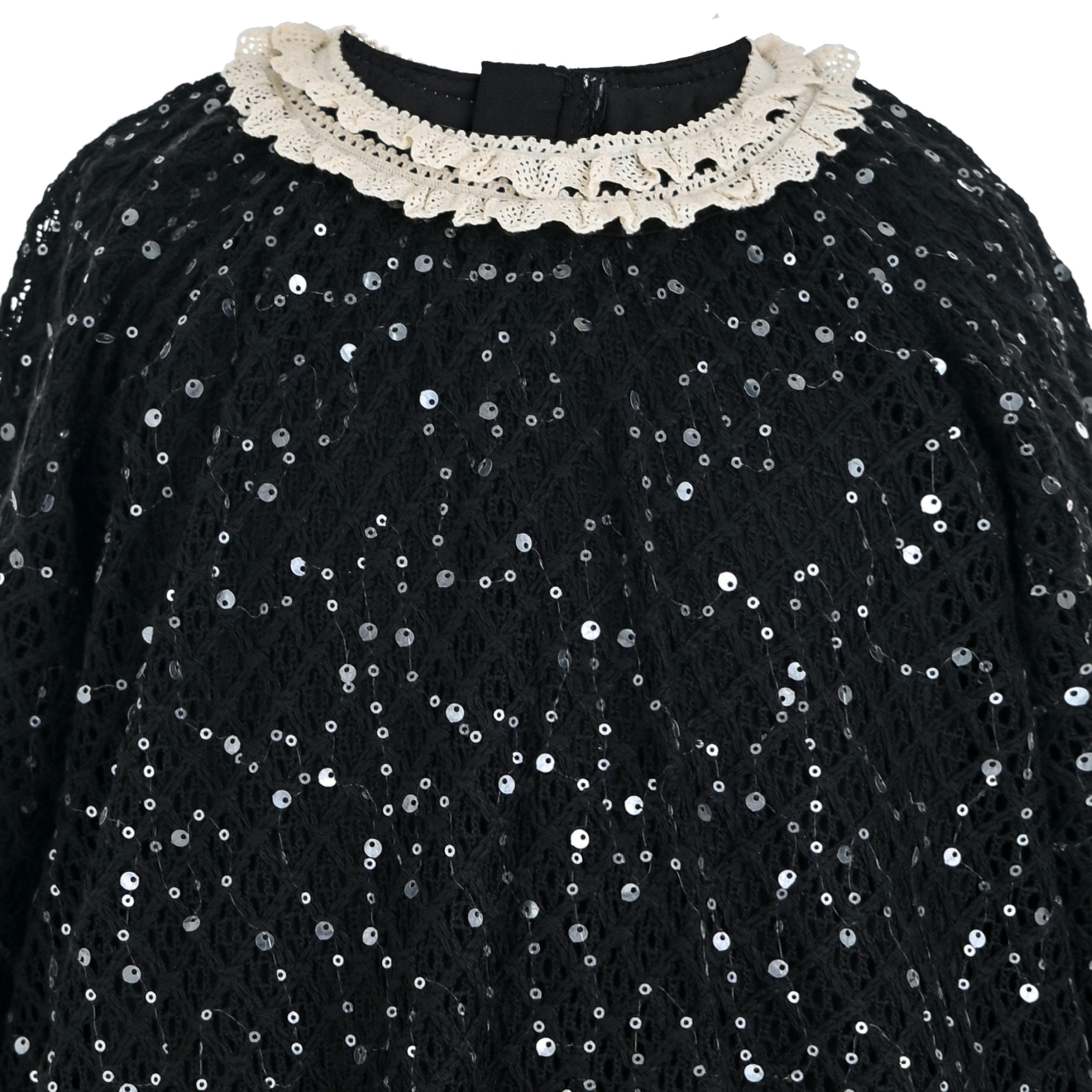 Black Sequin Lace-Trim Dress