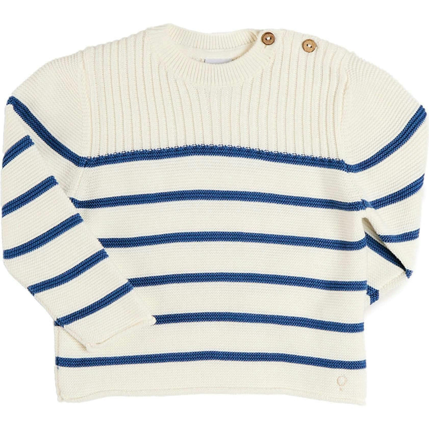 Striped Crewneck Ribbed Detail Blue & White Striped Jumper in Navy (12mths- 10yrs)