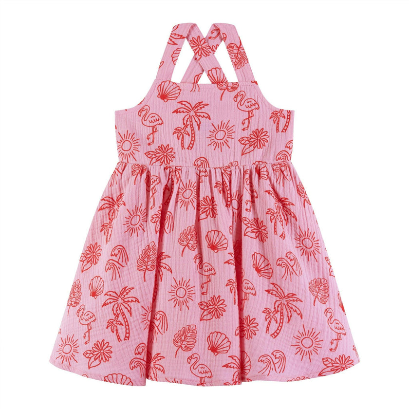 Kids Pink Tropical Icon Printed Gauze Dress