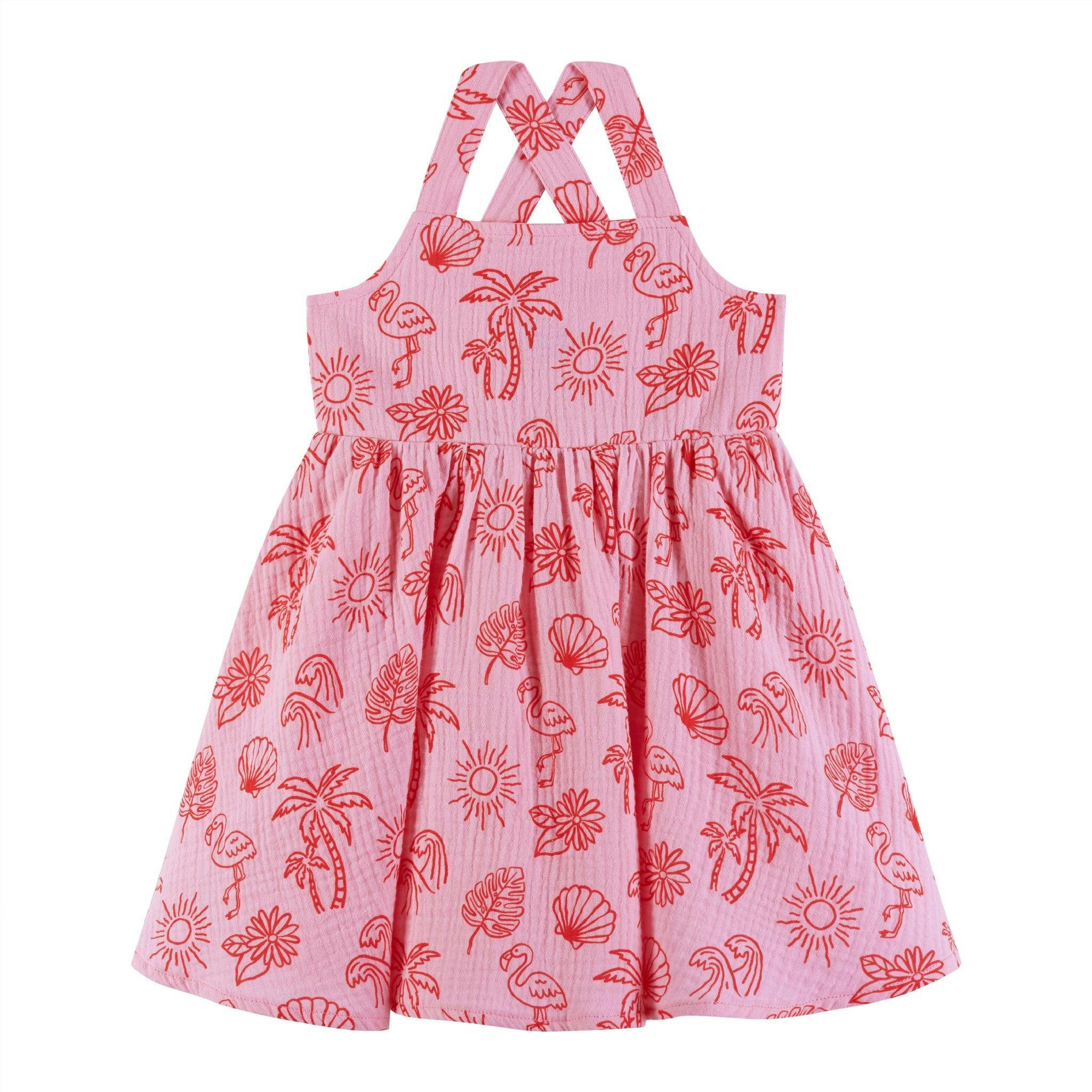 Kids Pink Tropical Icon Printed Gauze Dress