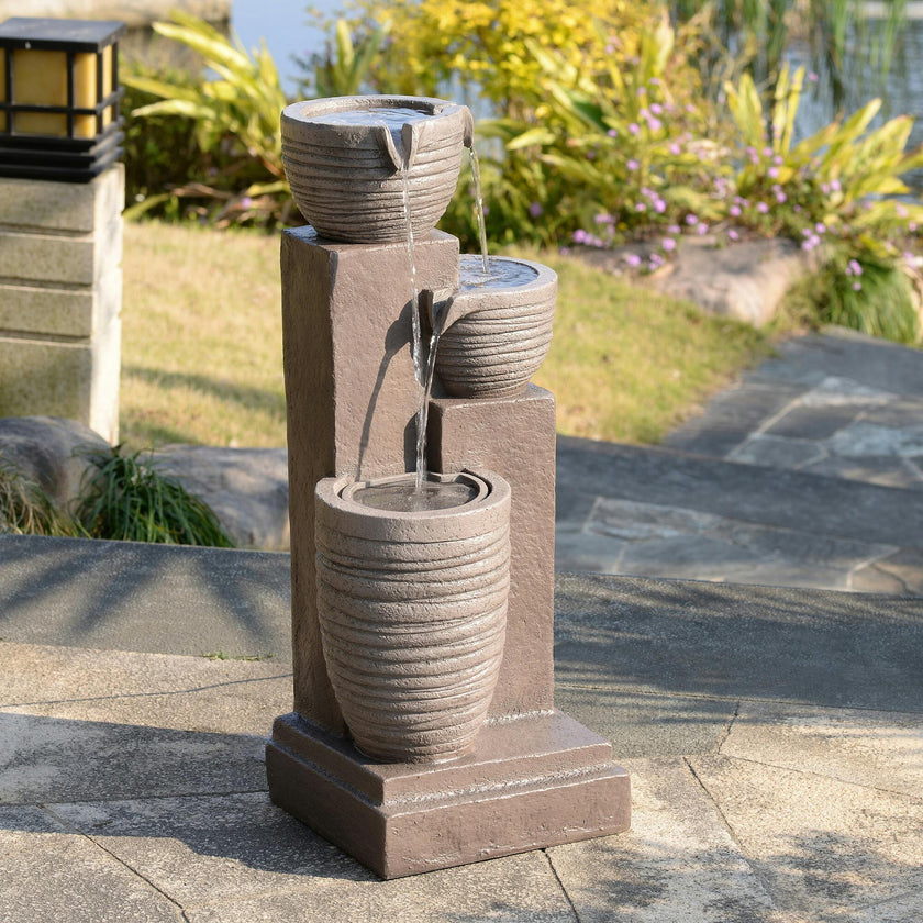 Teamson Home Horizontal Ribbed Pattern Outdoor Water Fountain with Warm Glow Lighting
