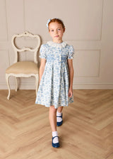 Audrey Toile Hand Smocked Ruffle Collar Short Sleeve Dress in Blue (12mths- 10yrs)