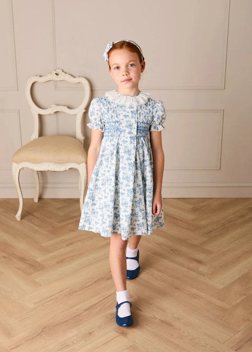 Audrey Toile Hand Smocked Ruffle Collar Short Sleeve Dress in Blue (12mths- 10yrs)
