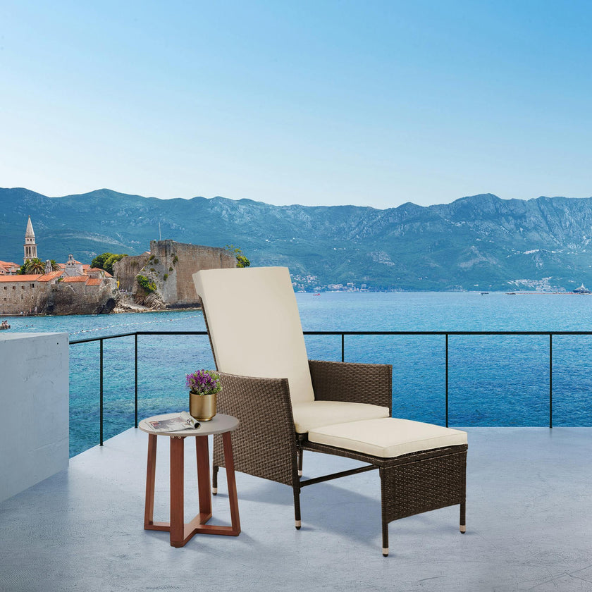 Outdoor Rattan Patio Lounge Chair With Pull-Out Ottoman And Cushions