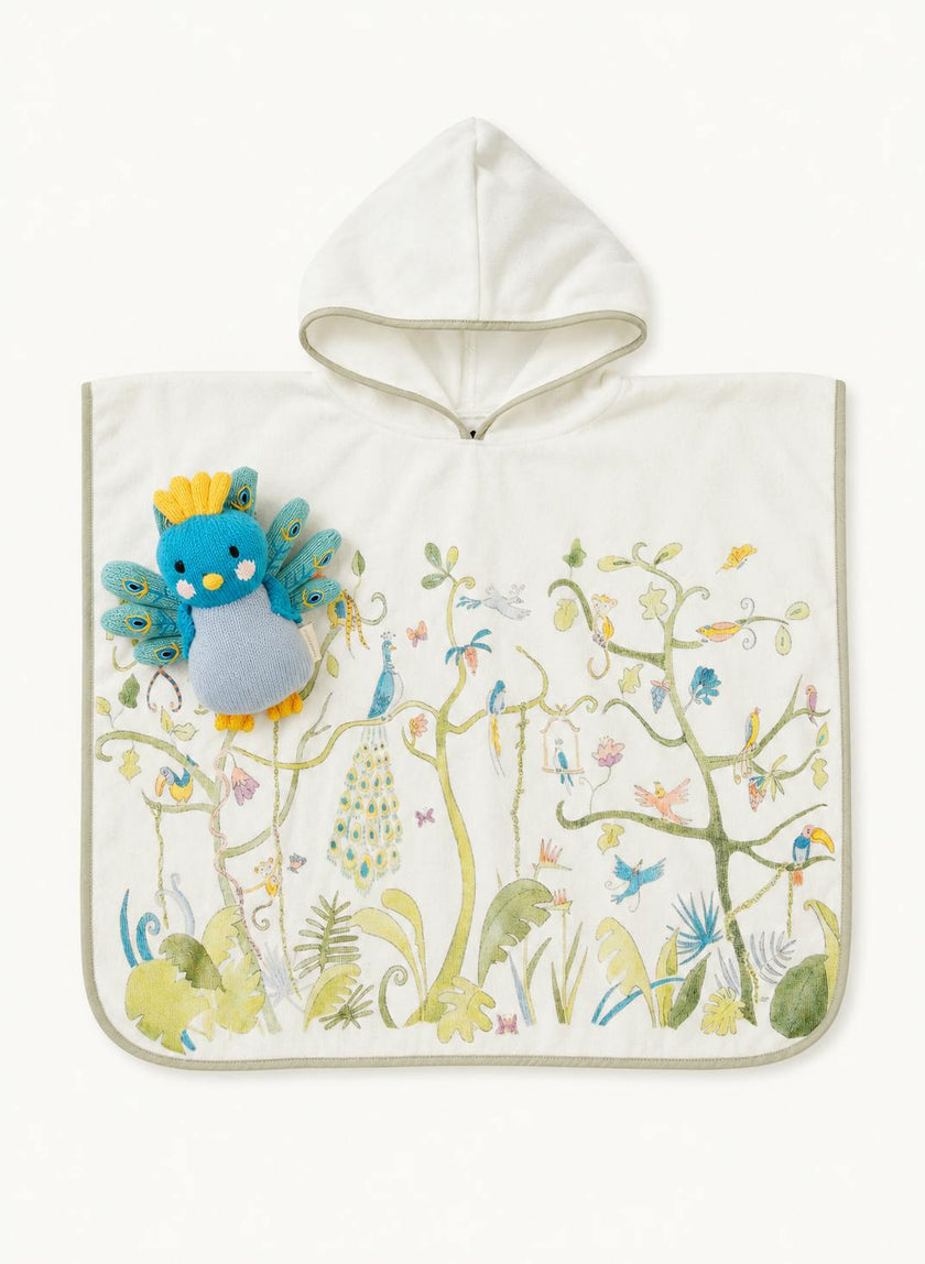 Children's Gift Set: Tropical Chinoiserie Swim Poncho and Violet the Peacock Knit Doll