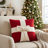 Cream Bow Red- Christmas Pillow Cover Hand Felted Wool - 20" / 14"
