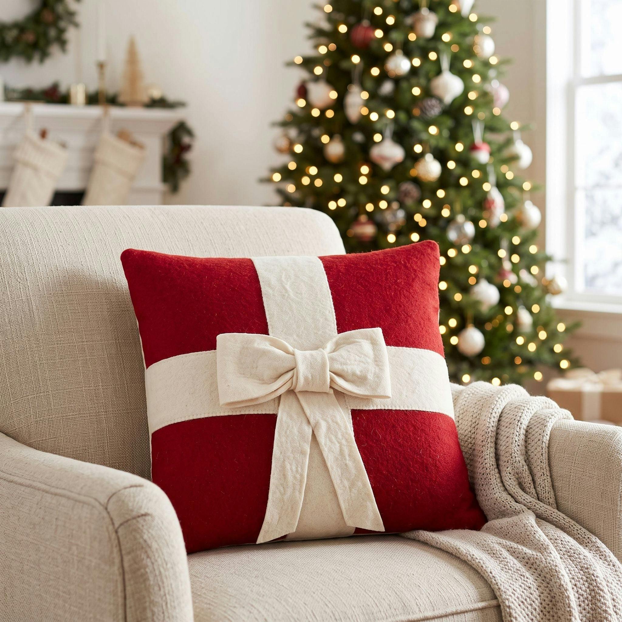 Cream Bow Red- Christmas Pillow Cover Hand Felted Wool - 20