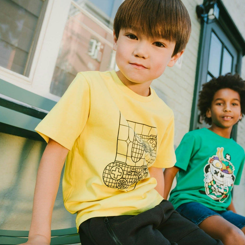 Organic Cotton Jersey T-Shirt With Gamer Print Yellow