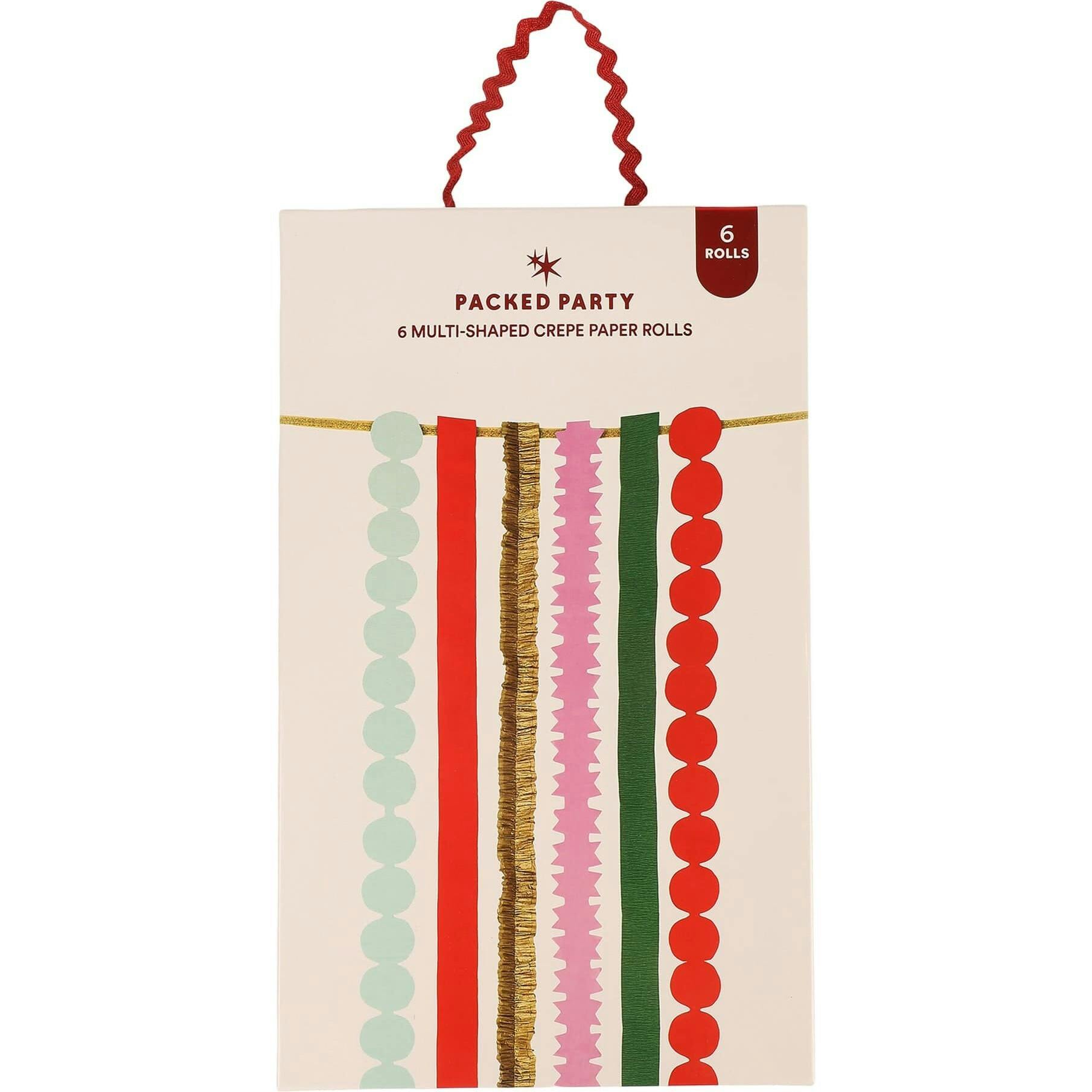 Packed Party Holiday Hues Crepe Paper Streamer Backdrop Kit - 6 Colors of 72-Inch Crepe Paper Rolls with 60-Inch Gold Satin Ribbon for Holiday Photo Walls