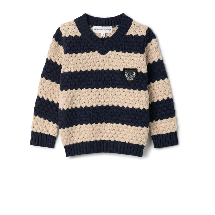 Striped Knit Vneck Sweater Forest/Charcoal